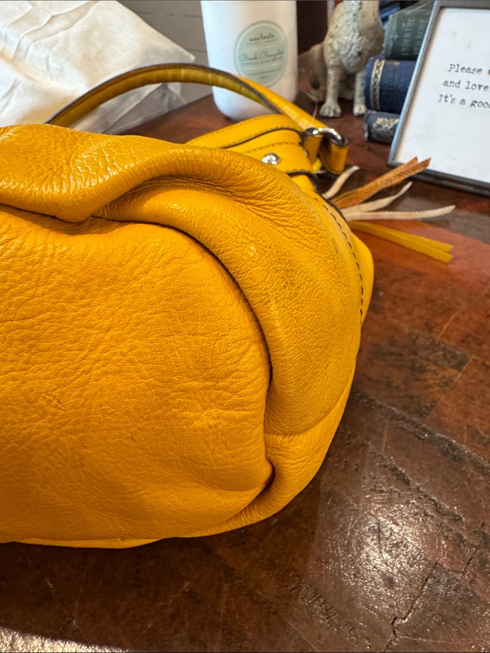 Etienne Aigner Mustard Yellow Pebbled Leather Hobo with Blue Charm - Picture 11 of 13